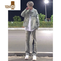 YANXU黄泥染男士牛仔裤2023新款时尚套装做旧破洞美式高街牛仔外套