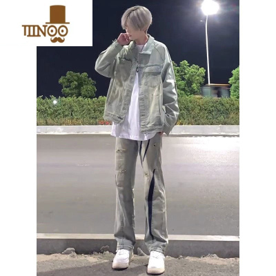 YANXU黄泥染男士牛仔裤2023新款时尚套装做旧破洞美式高街牛仔外套