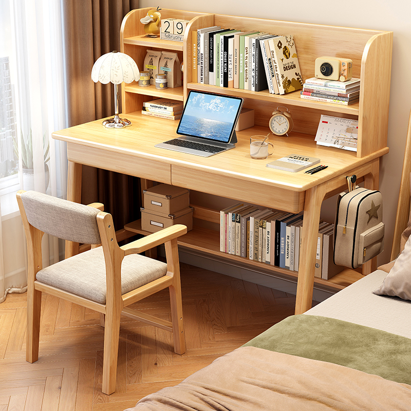 实木书桌书架一体卧室小户型办公桌家用儿童学习桌子中学生写字桌