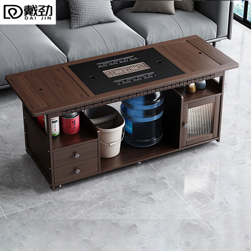 戴劲移动茶台家用竹木小茶桌烧水壶一体简约现代功夫茶几 120长乌金石带盖板