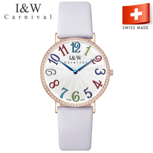 瑞士原装进口嘉年华CARNIVAL手表女款 炫彩数字刻度个性腕表 女表真皮带防水石英表 女士手表休闲时尚80235