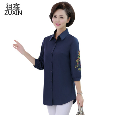 祖鑫2019新款中年衬衫女纯棉绣花七分袖上衣妈妈装刺绣衬衣30-40-50岁