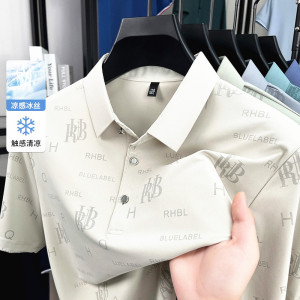 夏季中年男士休闲短袖T恤爸爸装翻领男式冰丝柔软透气T恤男装衣服