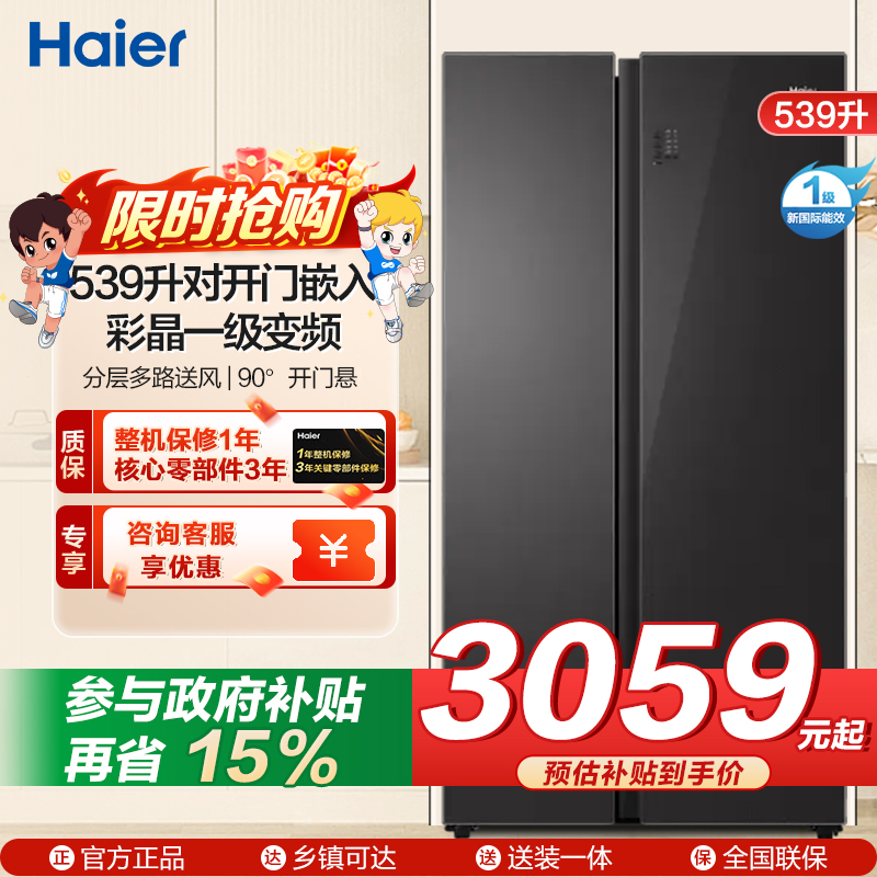 海尔(Haier)539升对开门嵌入冰箱 彩晶一级变频 阻氧干湿分储 DEO净味家用 BCD-539WGHSSE5SL