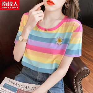 盐系短袖T恤女宽松新款潮韩版条纹衣服ins上衣