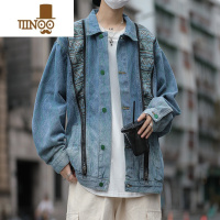 YANXU美式高街设计感拼接牛仔外套男潮牌复古水洗宽松翻领休闲夹克
