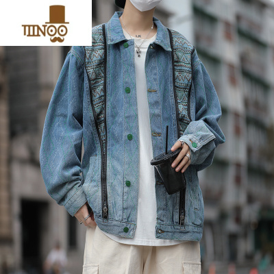 YANXU美式高街设计感拼接牛仔外套男潮牌复古水洗宽松翻领休闲夹克