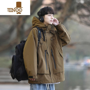 YANXU山系户外连帽冲锋衣男秋季日系复古工装夹克美式潮牌宽松休闲外套