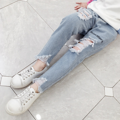 迪鲁奥（DILUAO)小孩子穿的儿童腰带牛仔裤女童洋气2021新款春装裤子韩版中大童宽松小脚裤潮蓝色