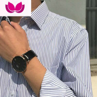七斓新款韩版修身条纹长袖衬衫男商务休闲复古方领宽松大码男士衬衣潮