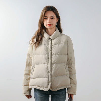 新款女式90绒白鸭绒纯色立领纽扣女装简约平湖羽绒服