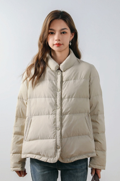 新款女式90绒白鸭绒纯色立领纽扣女装简约平湖羽绒服