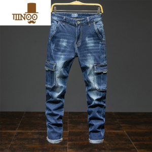 YANXU多口袋弹性蓝色牛仔裤男宽松哈伦小脚显瘦胖子大码百搭工装长裤子