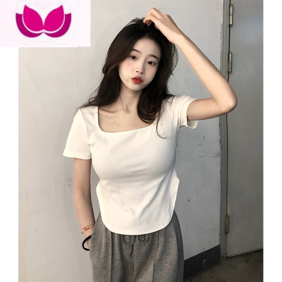 七斓方领短袖t恤女纯欲风夏装大码胖mm微胖白色短款显瘦不规则上衣夏