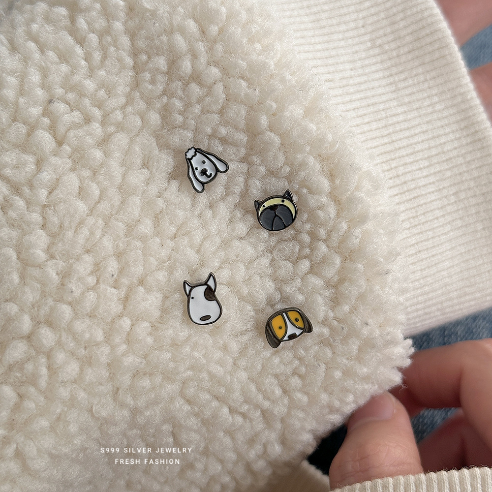 卡通可爱童趣小狗耳钉女s999纯银韩版小众简约创意足银耳饰代发送女朋友老婆情人节七夕生日礼物