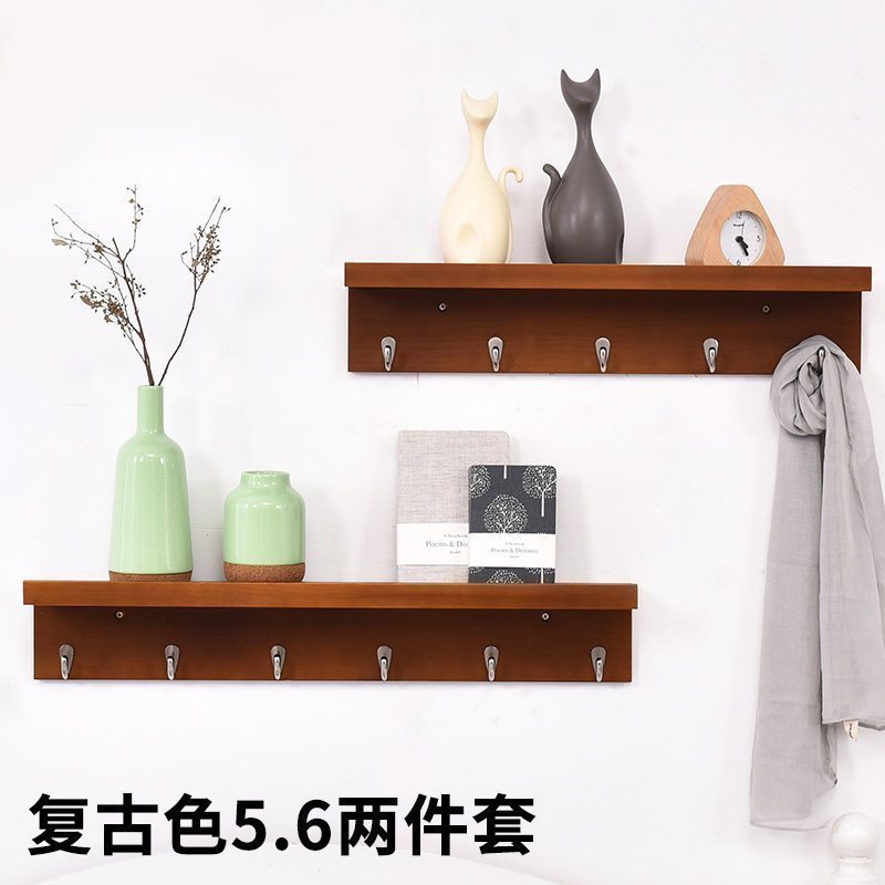 美帮汇墙上置物架简约现代客厅实木隔板玄关艺术挂钩卧室壁挂木板挂衣架 复古色五钩六钩两件套