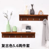 美帮汇墙上置物架简约现代客厅实木隔板玄关艺术挂钩卧室壁挂木板挂衣架 复古色五钩六钩两件套