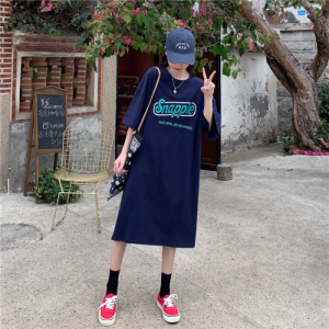 韩国大码T恤女装夏季长款过膝短袖连衣裙女休闲遮肚中长款打底衫_1