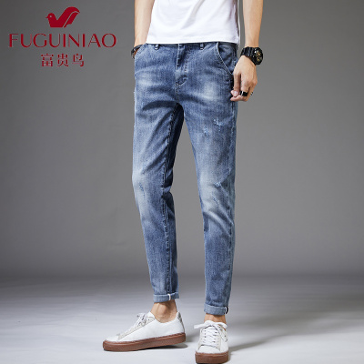 富贵鸟（FUGUINIAO）牛仔裤男春夏季休闲修身小脚浅蓝色新款弹力男士潮流百搭潮