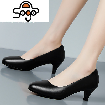 七色王国皮头层皮软皮单鞋瓢鞋职业工作鞋子黑色圆头浅口细跟高跟鞋女休闲鞋