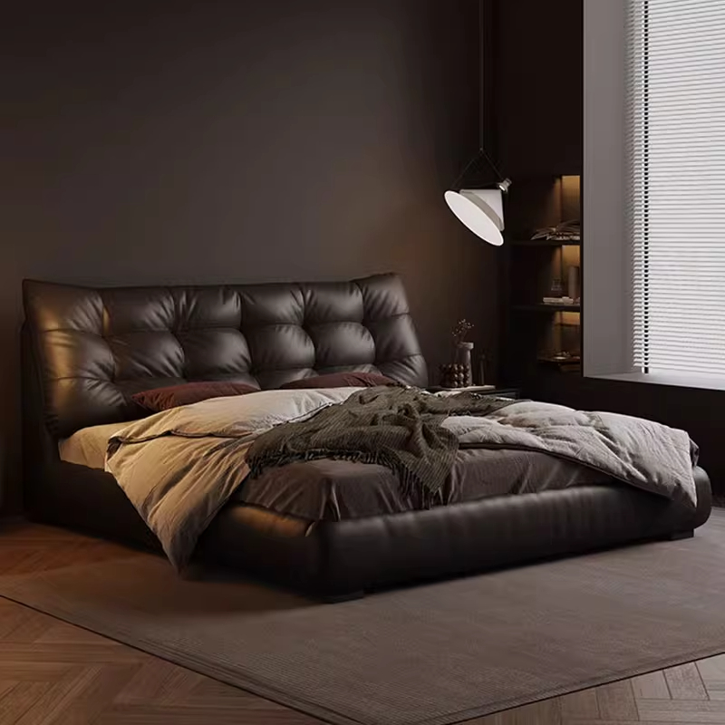 虔度 现代简约真皮床主卧黑色储物高箱双人床婚床1.8m软包床