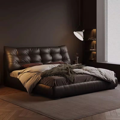 虔度 现代简约真皮床主卧黑色储物高箱双人床婚床1.8m软包床