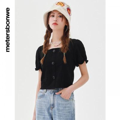 [1件5折价:69.5]美特斯邦威针织短袖T恤女百搭夏季简约舒适方领女士上衣