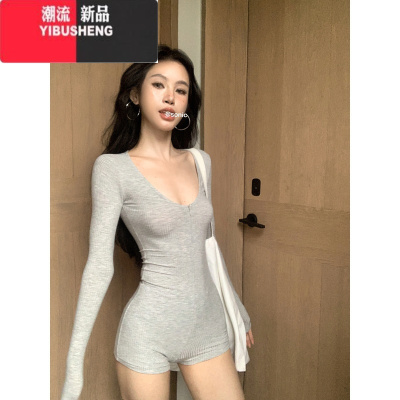 YIBUSHENG辣妹灰色紧身长袖连体短裤女季显瘦高腰包臀裤子运动休闲连衣裤