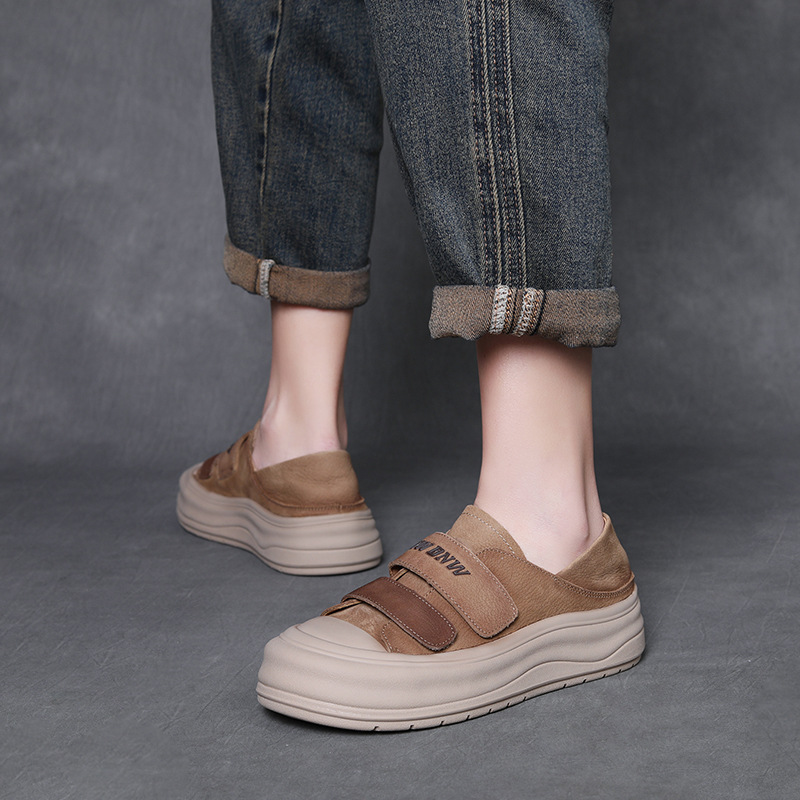 头层牛皮复古厚底板鞋女春季新款魔术贴休闲单鞋软底拼色女鞋