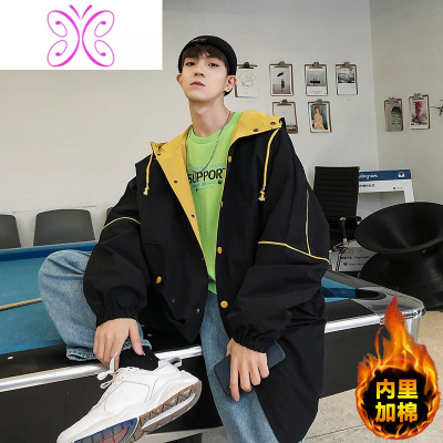 YUANSU秋冬加厚中长款风衣男潮牌宽松大码胖子大衣韩版潮流帅气连帽外套风衣