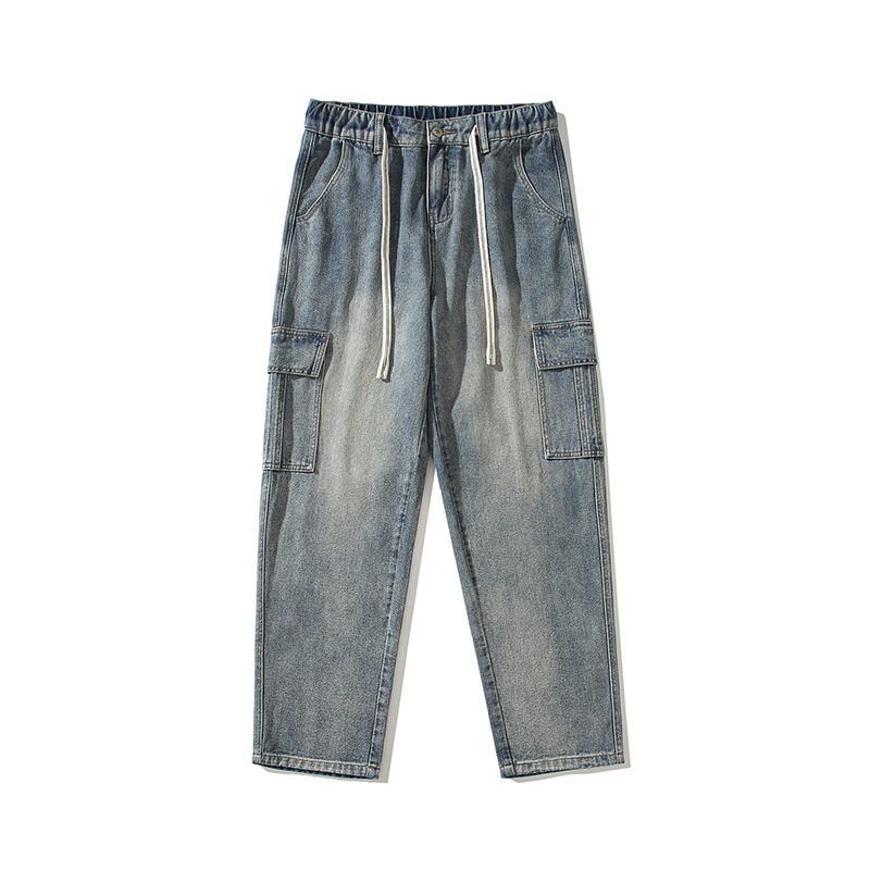 宽松直筒港风牛仔裤男基础款百搭多色松紧水洗拖地牛仔裤男生