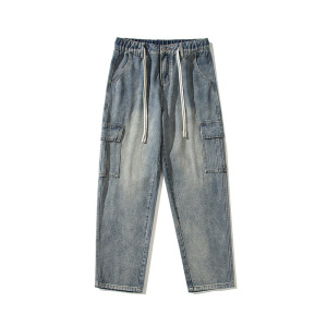 宽松直筒港风牛仔裤男基础款百搭多色松紧水洗拖地牛仔裤男生