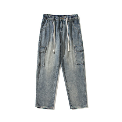 宽松直筒港风牛仔裤男基础款百搭多色松紧水洗拖地牛仔裤男生