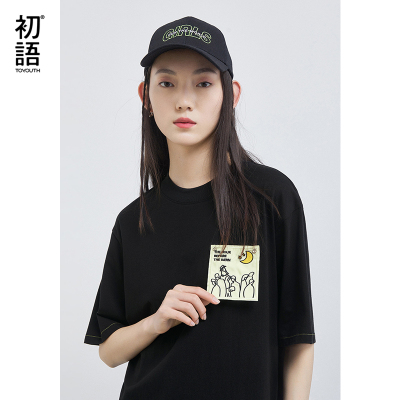 2021初语夏装新款舒适圆领局部英文贴布绣花休闲T恤