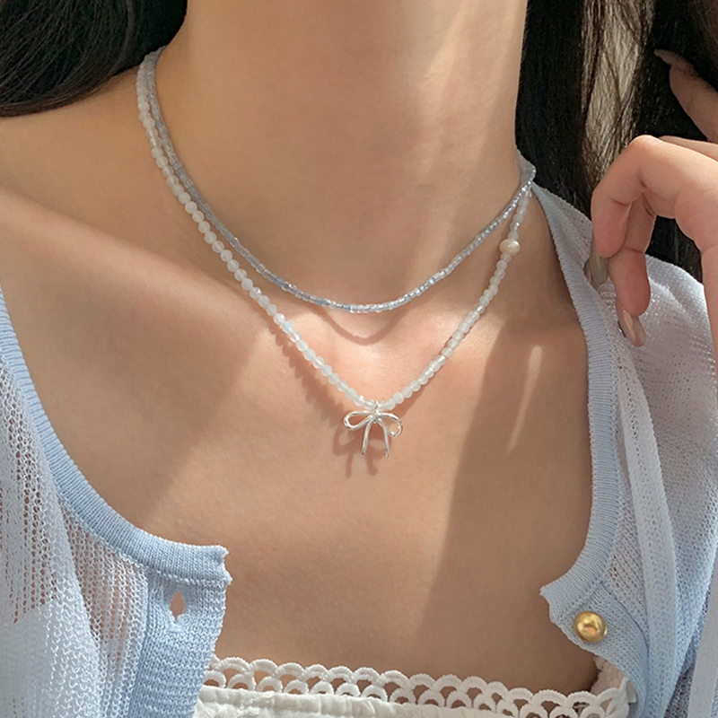 五行补水金纯银天然海蓝宝蝴蝶结项链女款小清新叠戴锁骨链气质