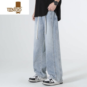 YANXU2023秋季美式高街松紧腰拼接微喇牛仔裤男潮牌宽松直筒休闲长裤子