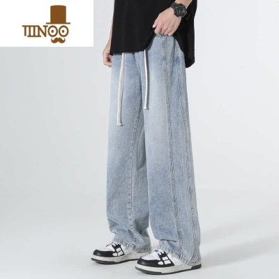 YANXU2023秋季美式高街松紧腰拼接微喇牛仔裤男潮牌宽松直筒休闲长裤子