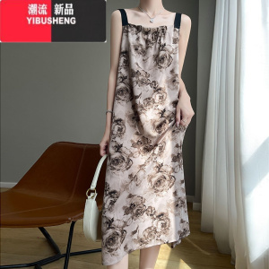 YIBUSHENG2024季新款吊带连衣裙女宽松无袖气质波点显瘦长裙复古豹纹裙子