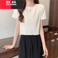 YIBUSHENG短袖T恤女季2024年新款短款设计感小众刺绣镂空爱心木耳边上衣