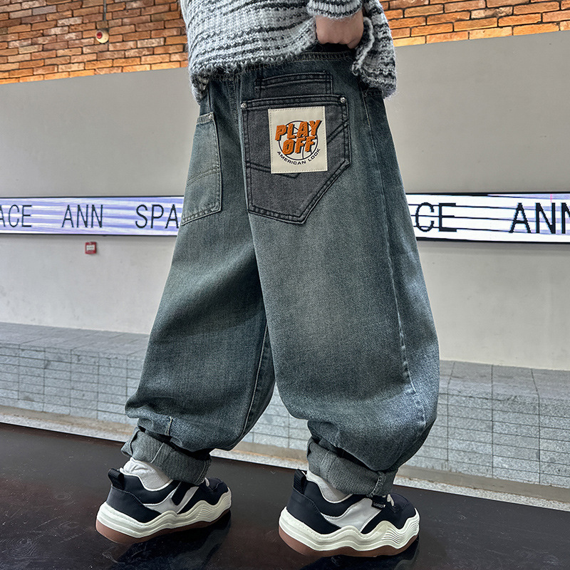 男童裤子春秋款新款大童秋季痞帅阔腿裤男孩儿童秋装牛仔裤潮