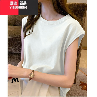 YIBUSHENG2024季新款休闲百搭外穿纯色上衣宽松圆领美式小飞袖t恤女