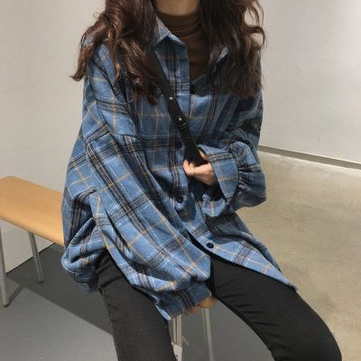 七斓格子新款韩版宽松百搭显瘦原宿风bf中长款毛呢格子衬衫外套女学生毛呢外套