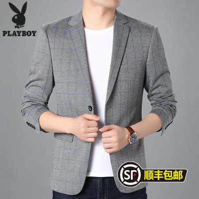 花花公子(PLAYBOY)春秋季新款男士格子小西装中青年商务休闲修身潮流男士千鸟格西服职业上班穿英伦风便服外套