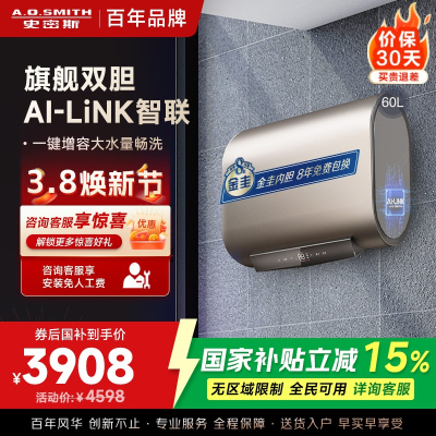 史密斯60升电热水器 家用 双胆扁桶 纤薄黑科技 大屏触控 双擎速热 E60HGDWi一级能效 储水式