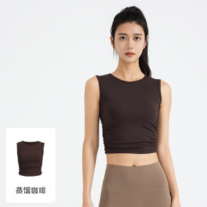 夏季新款皱褶无袖运动背心收腰修身瑜伽女上衣