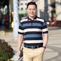 免烫中年男士T恤 百搭休闲薄款宽条纹提花T恤透气爸爸装春夏