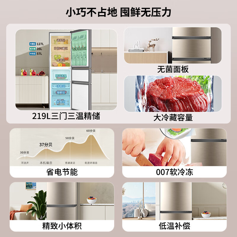 海尔(Haier)219升三门冰箱2级能效 节能家用电冰箱三开门冷藏冷冻BCD-219LHC3E0YH