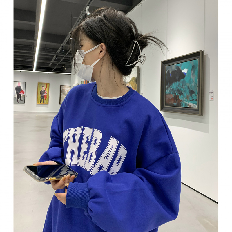 加绒宽松休闲卫衣女秋冬外套古着圆领长袖打底衫上衣韩国女装_150