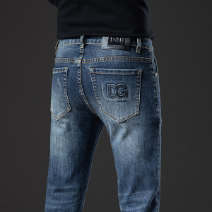 欧货牛仔裤男士修身小直脚弹力裤子潮牌TB加厚秋冬款棉质水洗蓝色