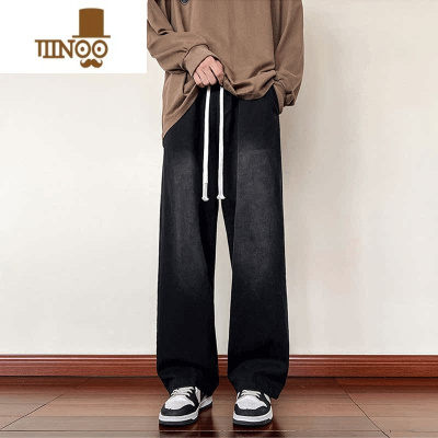 YANXU美式复古牛仔裤男水洗黑色阔腿长裤潮牌高街宽松直筒拖地裤子